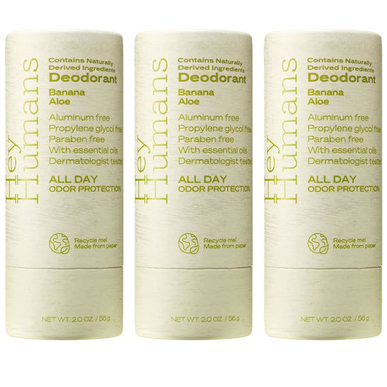 Picture of Hey Humans Deodorant, Aluminum Free Deodorant for Women and Men, Contains Naturally Derived Ingredients, All Day Odor Control, Refreshing Essential Oils, Earth Friendly Package, Banana Aloe