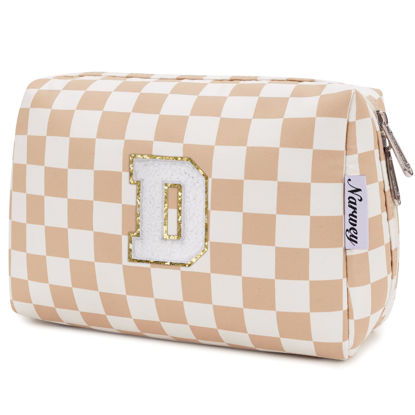 Picture of Narwey Personalized Initial Makeup Bag Toiletry Bag Gifts for Women Girls Large Checkered Makeup Bag Zipper Pouch Travel Cosmetic Bag Organizer for Women (Light Checkerboard Letter D)