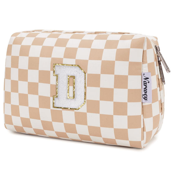 Picture of Narwey Personalized Initial Makeup Bag Toiletry Bag Gifts for Women Girls Large Checkered Makeup Bag Zipper Pouch Travel Cosmetic Bag Organizer for Women (Light Checkerboard Letter D)