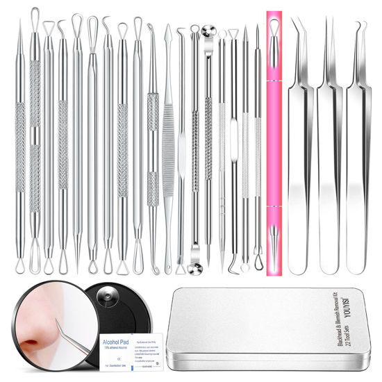 Picture of 2024 Professional Pimple Popper Tool Kit - 22 PCS Blackhead Remover Tools for Acne and Zit Popping Comedone Extractor with Magnifying Glass and Alcohol Pad