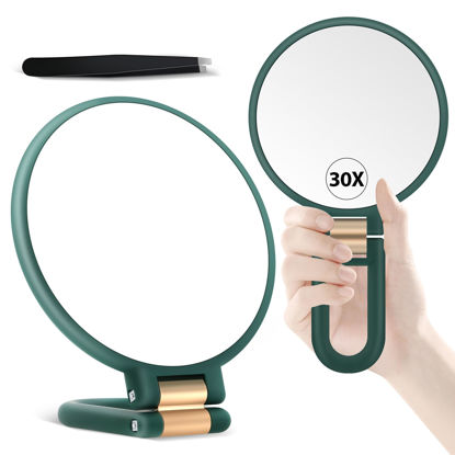 Picture of B Beauty Planet Handheld Magnifying Mirror, Double Sided Travel Magnifying Mirror with 30X/1X Magnification, 360°Adjustable Handle and Precision Tweezers, Portable Multi-Purpose Makeup Mirror Green
