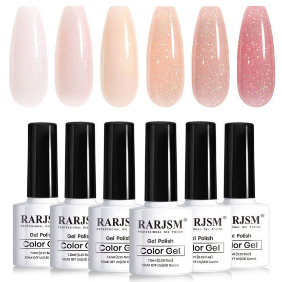 Picture of RARJSM Glitter Gel Nail Polish Nude Gel Polish 6pcs Set Shimmery Jelly Nail Gel Polish Iridescent Sparkly Pale Pink Purple Apricot Beige Translucent Natural Skin Tone Color 7.5ml Soak off UV LED Cured
