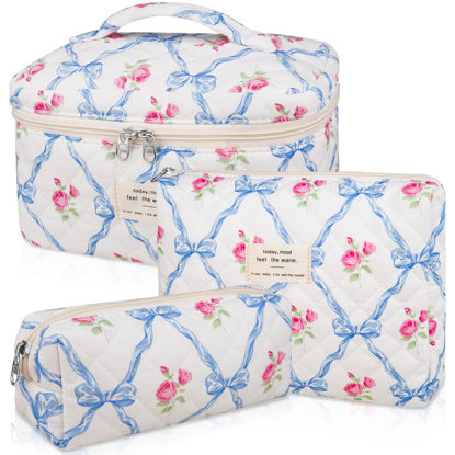 Picture of Makeup Bag Set, Quilted Makeup Bag, Large Floral Cosmetic Bag for Women, Cute Cotton Makeup Bags, Flower Travel Toiletry Organizer Bag (Blue Flower)