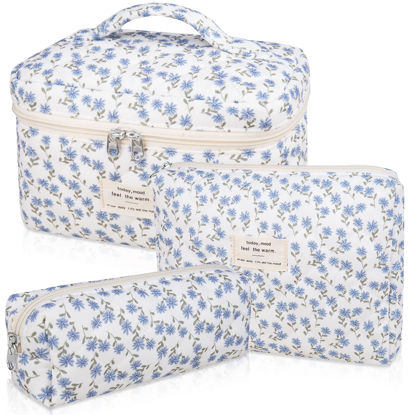 Picture of Makeup Bag Set, Quilted Makeup Bag, Large Floral Cosmetic Bag for Women, Cute Cotton Makeup Bags, Flower Travel Toiletry Organizer Bag (Blue Peacock Flower)