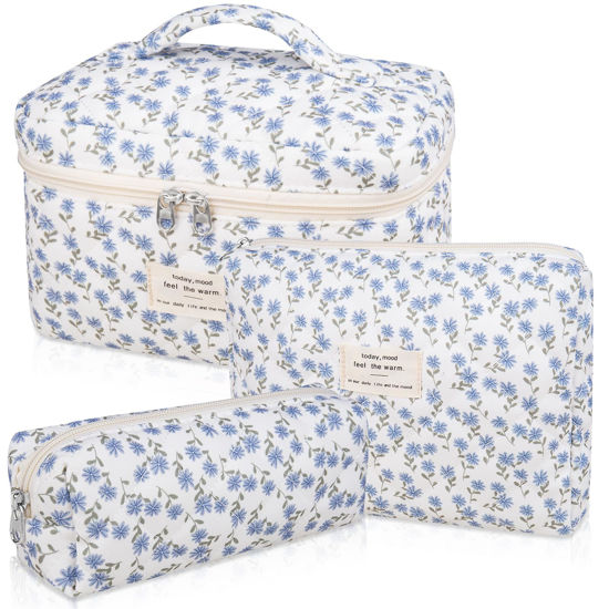 Picture of Makeup Bag Set, Quilted Makeup Bag, Large Floral Cosmetic Bag for Women, Cute Cotton Makeup Bags, Flower Travel Toiletry Organizer Bag (Blue Peacock Flower)