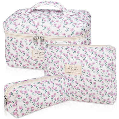 Picture of Makeup Bag Set, Quilted Makeup Bag, Large Floral Cosmetic Bag for Women, Cute Cotton Makeup Bags, Flower Travel Toiletry Organizer Bag (Purple Flower)