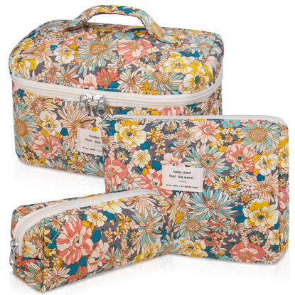 Picture of Makeup Bag Set, Quilted Makeup Bag, Large Floral Cosmetic Bag for Women, Cute Cotton Makeup Bags, Flower Travel Toiletry Organizer Bag (South Twigs Flower)