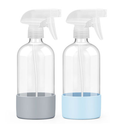 Picture of Worldgsb 2 Pack Glass Spray Bottles with Silicone Sleeve, 16 oz Empty Refillable Containers with Adjustable Spray Nozzles, Spray Bottles for Hair, Cleaning Solutions and Plants Blue&Grey