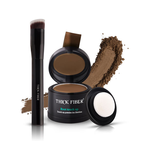 Picture of THICK FIBER Root Touch Up and Hairline Concealer - Water & Sweat Resistant Hair Loss Powder Set for Thinning Hair, Includes Brush (Light Brown)