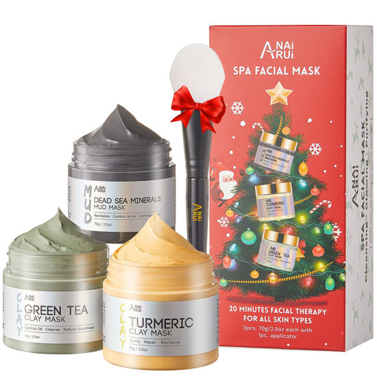 Picture of ANAI RUI Face Mask Gift Set, Turmeric Clay Mask - Green Tea Clay Mask - Dead Sea Minerals Mud Mask, Spa Facial Mask Set, Valentine's Day Gift Set 2.5 oz each