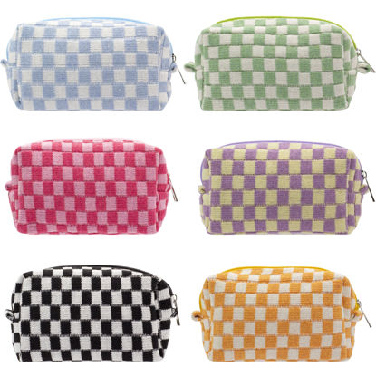Picture of PAZIMIIK Checkered Makeup Bag for Purse Portable Zipper Make Up Pouch Small Cosmetic Case for Travel Accessories (6PCS Colorful)