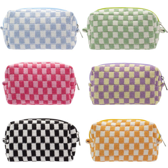 Picture of PAZIMIIK Checkered Makeup Bag for Purse Portable Zipper Make Up Pouch Small Cosmetic Case for Travel Accessories (6PCS Colorful)