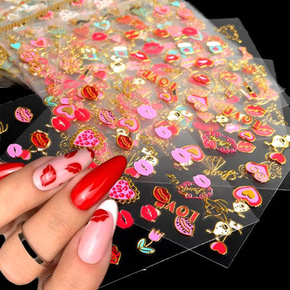 Picture of 30 Sheets Valentine's Day Nail Art Stickers Red Heart Nail Decals 3D Self-Adhesive Rose Lip Kiss Nail Supplies DIY Acrylic Nails Decoration Accessories for Women and Girls