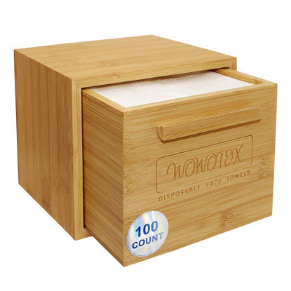 Picture of WOWOTEX Luxe Bamboo Towel Container (Bamboo Box Towel Holder) with Disposable Face Towel Biodegradable Large Dry Face Wipes 100 Count Extra Thick Soft Clean Facial Towels for Facial Cleansing