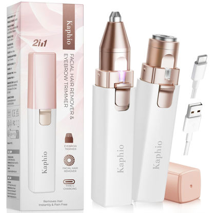 Picture of KAPHIO Facial - Eyebrow Hair Remover for Women: Rechargeable 2 in 1 Eyebrow Trimmer and Face Shavers for Women - Painless Electric Hair Removal Device for Face Eyebrows Peach Fuzz Lips with Light