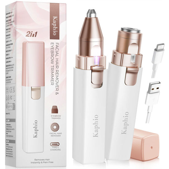 Picture of KAPHIO Facial - Eyebrow Hair Remover for Women: Rechargeable 2 in 1 Eyebrow Trimmer and Face Shavers for Women - Painless Electric Hair Removal Device for Face Eyebrows Peach Fuzz Lips with Light