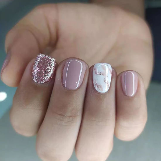 Picture of Press on Nails Short Square Acrylic Fake Nails with Apricot Design Full Cover False Nails Glossy Nude Glue on Nails Artificial Stick on Nails for Women 24Pcs (Nude Apricot)