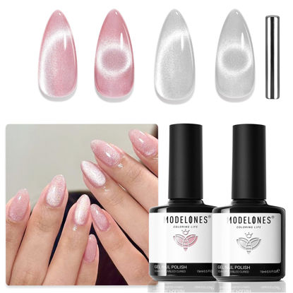 Picture of modelones Cat Eye Gel Nail Polish, 2 PCS 15ML Pink Sliver Holographic 9D Cat Eye Glitter Multichrome Gel Polish Pink Nail Gel Polish with Magnet Soak Off Led Nail Art Gel DIY Salon Gift