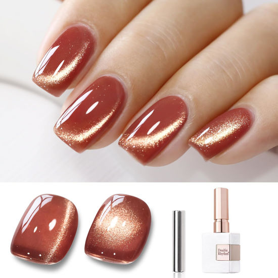 Picture of Double Rhythm 15ML Ice Glass Cat Eye Gel Polish with Magnet Holographic Glitter Shimmer Translucent Sheer Color Salon Soak Off Magnetic Nail at Home (Brown Tan-MC1125)