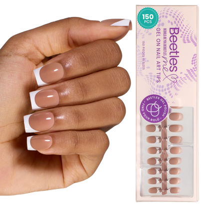 Picture of Beetles Pre-French Tips Gel Nail Tips for Dark Skins- 4 in 1 150 PCS Short Square Brown French Tip Press on Nails Etch X Pre-Primer Base Coat, No File Need Easy False Nail Tips DIY Gift for Women