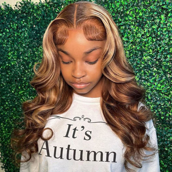 Picture of Pizazz Honey Blonde Lace Front Wigs Human Hair Pre Plucked with Natural Hairline 13x4 Glueless Wigs Human Hair 180 Density 4/27 Highlight Body Wave Lace Frontal Wigs 18 Inch