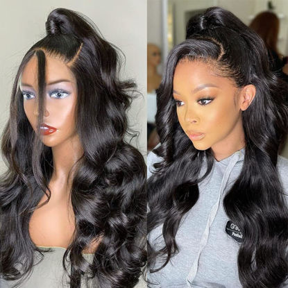 Picture of Pizazz 13x4 HD Lace Front Wigs Human Hair Pre Plucked with Baby Hair 180 Density Brazilian Body Wave Lace Frontal Human Hair Wigs Natural Color (18 Inch)