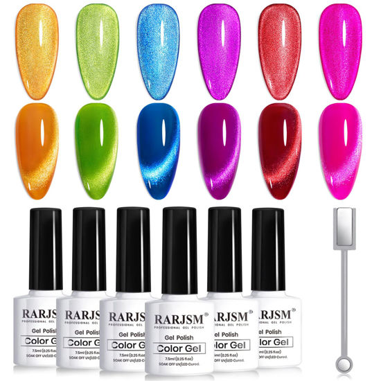 Picture of RARJSM 9D Neon Cat Eye Gel Nail Polish Set 6 Colors Velvet Silver Glitter Bright Orange Blue Red Green Rose Purple Ice Gel Polish with Magnet Stick UV LED Curing Requires Soak Off Home Salon Diy