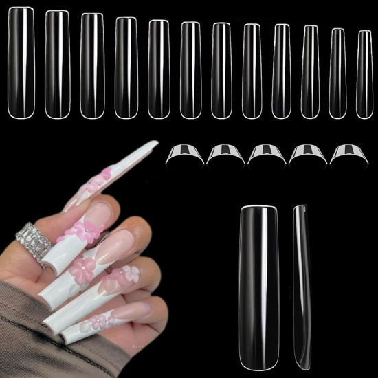 Picture of Luckyfairy XXL Nail Tips Square 504 Pcs 12 Sizes - No C Curve Flat Square Nail Tips Clear 2XL Full Cover Tapered Gel Acrylic Nail Tips False Nails Gelly Tips for Nail Extension Nail Art