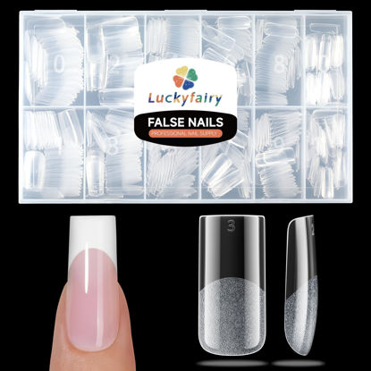 Picture of Luckyfairy Medium Square Fake Nails, 504pcs Soft Gel x Pre-Shaped Acrylic Square Nail Tips, Half Matte Full Cover Clear Press on Flase Nail Tips for Nail Extension Home DIY 12 Sizes Gelly Tips