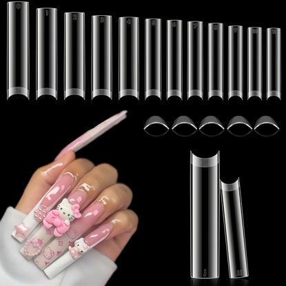 Picture of Luckyfairy XXL Square Nail Tips No C Curve Flat Nail Tips Square 2XL Half Cover Pre-buff Gel x Nail Tips False Nails 504 Pcs Gelly Tips for DIY Nail Art Salon 12 Sizes Press On nails
