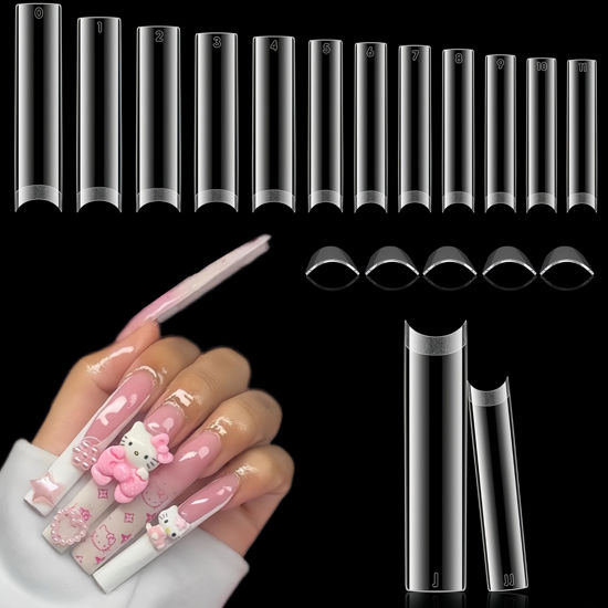 Picture of Luckyfairy XXL Square Nail Tips No C Curve Flat Nail Tips Square 2XL Half Cover Pre-buff Gel x Nail Tips False Nails 504 Pcs Gelly Tips for DIY Nail Art Salon 12 Sizes Press On nails