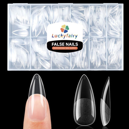 Picture of Luckyfairy Medium Stiletto Nail Tips 504pcs Full Cover Gel x Clear Soft Gel Nail Tips Pre-File Half Matte Stiletto Gel x Nails No C Curve 12 Sizes For Nail Extensions Home Nail Art Salon
