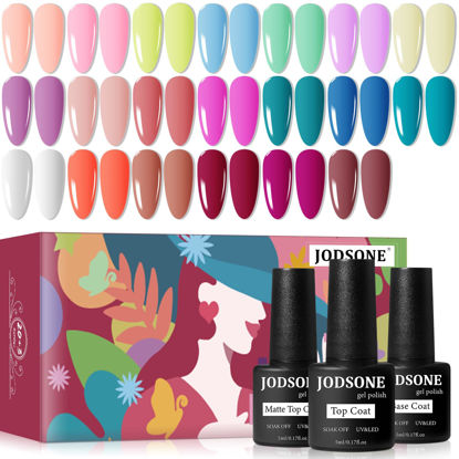 Picture of JODSONE 20 Color Vibrant and High Shine Gel Nail Polish Kit with 3 PCS Base Coat and Matte and Glossy Top Coat