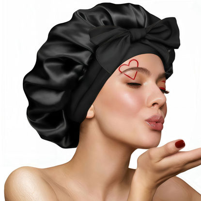 Picture of VECIIR Satin Bonnet Silk Bonnet for Sleeping Women, Ajustable Hair Bonnet for Curly Hair with Tie Band Black
