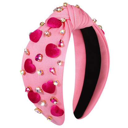 Picture of CEALXHENY Valentine's Day Hairband, Red Pink Acrylic Furry Beaded Heart Headband for Women, Knotted Headband with Rhinestone Crystal, XOXO Love Heart Jeweled Hairband, Valentine's Day Hair Accessories