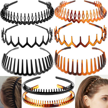 Picture of ULTIMUTE 8 PCS Fashion Effortless Plastic Headbands with Teeth Comb Black Skinny Headbands No Slip Hair Accessories Bands for Women Men Teen Girls, Amber&Bright Black