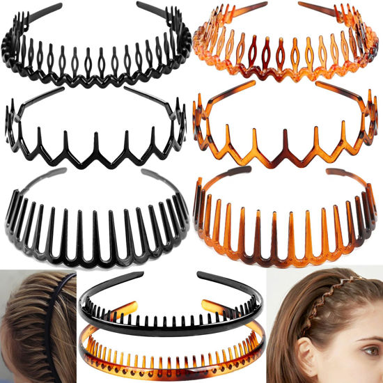 Picture of ULTIMUTE 8 PCS Fashion Effortless Plastic Headbands with Teeth Comb Black Skinny Headbands No Slip Hair Accessories Bands for Women Men Teen Girls, Amber&Bright Black