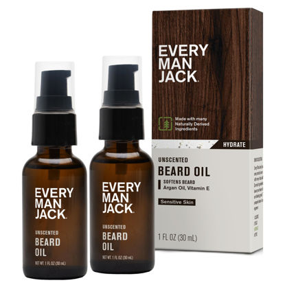 Picture of Every Man Jack Unscented Beard Oil for Men - Fragrance Free for Sensitive Skin - Naturally Moisturizes and Softens Beard w/Shea Butter & Argan Oil - 1 fl oz (2 pack)