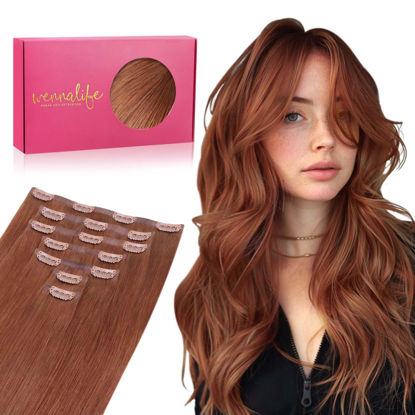 Picture of WENNALIFE Seamless Clip In Hair Extensions Human Hair, 18 Inch 130g 7pcs Dark Auburn Copper Real Hair Extensions Clip in Human Hair Invisible PU Skin Weft Natural Remy Human Hair Extensions