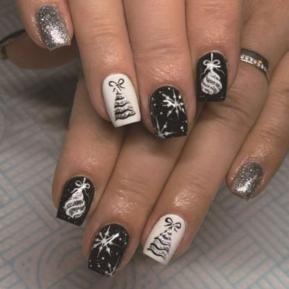 Picture of Christmas Press on Nails Short Square Fake Nails with Silver Glitter Design Xmas Tree Glue on Nails Snowflake Stick on Nails Glossy Reusable Winter Nails Gift False Nails for Women Girls Manicure