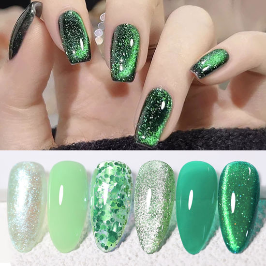 Picture of Born Pretty Jelly Gel Nail Polish, Christmas Glitter Gel Polish, Green Cat Magnetic Eye Gel Nail Polish, Sheer Crystal Transparent Auroras Pearl Nail Manicure 6PCS 7ml