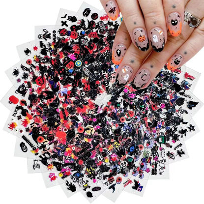 Picture of 24 Sheets Halloween Nail Stickers Pumpkin Ghost Face Nail Decals 3D Self-Adhesive Nail Supplies Spider Web Cat Bat Nail Art Stickers for Acrylic Nails for Women Kids DIY Manicure Decorations