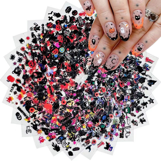 Picture of 24 Sheets Halloween Nail Stickers Pumpkin Ghost Face Nail Decals 3D Self-Adhesive Nail Supplies Spider Web Cat Bat Nail Art Stickers for Acrylic Nails for Women Kids DIY Manicure Decorations