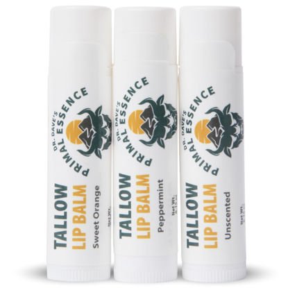 Picture of Dr. Dave's Primal Essence Moisturizing Tallow Lip Balm - Nourishing and Soothing Grass Fed Beef Tallow with Organic Coconut Oil, Beeswax, and Vitamin E - Lip Balm Variety Pack- 3-Pack