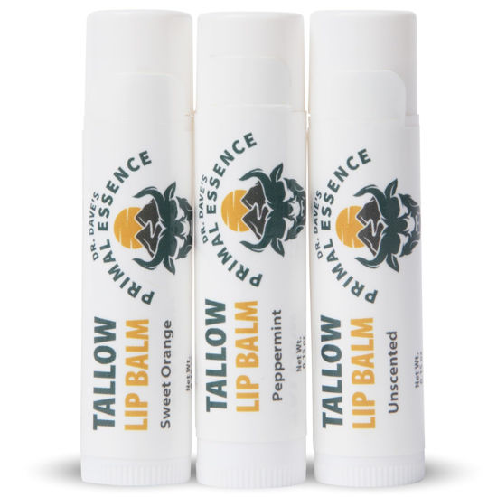 Picture of Dr. Dave's Primal Essence Moisturizing Tallow Lip Balm - Nourishing and Soothing Grass Fed Beef Tallow with Organic Coconut Oil, Beeswax, and Vitamin E - Lip Balm Variety Pack- 3-Pack