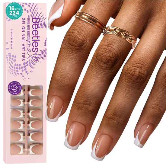 Picture of Beetles French Tip Press on Nails Short Square Brown Color, 224pcs 16 Sizes Press on nails White French 4 in 1 Gel Nail Tips, DIY Nail Art Salon Quality Manicure Gift for Girls No File Need