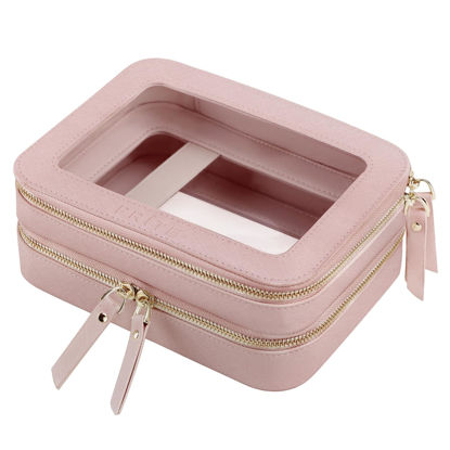 Picture of Prite Double Layer Makeup Bag for Women Portable Clear Makeup Bag Cute Waterproof Travel Cosmetic Bag with Gold Zipper for Car Essentials(Pearlescent Pink)