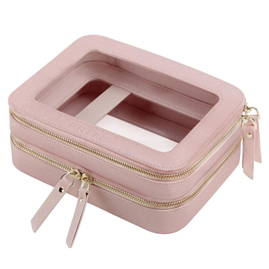 Picture of Prite Double Layer Makeup Bag for Women Portable Clear Makeup Bag Cute Waterproof Travel Cosmetic Bag with Gold Zipper for Car Essentials(Pearlescent Pink)