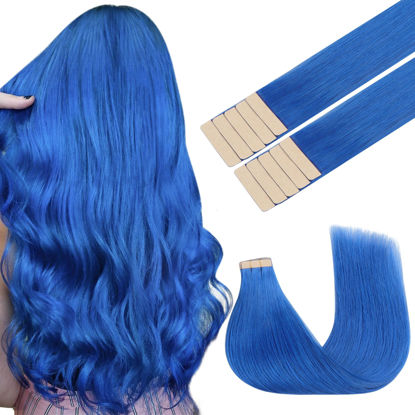 Picture of GOO GOO Tape in Hair Extensions Human Hair, Blue, 18inch 25g 10pcs, Colored Tape ins Human Hair Extensions, Silky&Soft Invisible Tape Ins, Hair Highlighted for Party