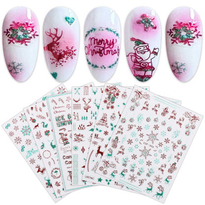 Picture of JMEOWIO 9 Sheets Christmas Glitter Nail Art Stickers Decals Self-Adhesive Green Red Snowflake Winter Holiday Nail Supplies Nail Art Design Decoration Accessories